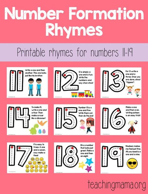 Number Formation Rhymes for 11-19 - this free printable is great for teaching kids how to write 2-digit numbers!  #preschool #kindergarten #mathforearlychildhood Number Formation Rhymes, Number Formation, Prek Math, Teen Numbers, Teaching Numbers, Numbers Kindergarten, Numbers Preschool, E Mc2, Learning Numbers