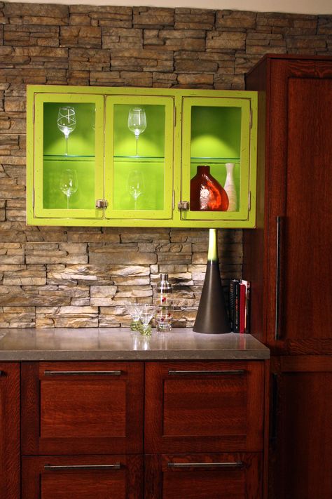 A bar display depicting hand hewn natural elements. Shaker style Quarter Sawn Oak cabinetry & custom green apothecary cabinet. Concrete counter top & cultured stone backsplash. http://www.hickorylanekitchens.com Green Apothecary, Concrete Counter Top, Organizing Storage, Quarter Sawn Oak, Log Cabin Ideas, Bar Display, Concrete Counter, Apothecary Cabinet, Stone Backsplash