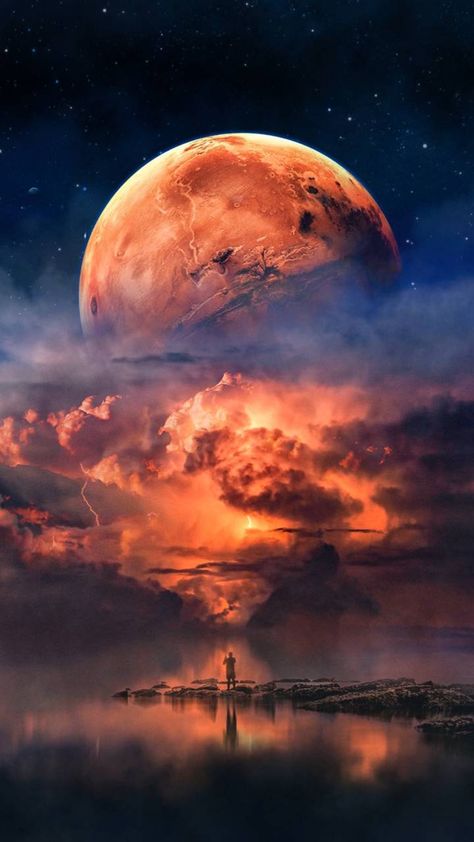 fishing with mars wallpaper by Circlestances - dc - Free on ZEDGE™ Ashe League Of Legends, Mars Wallpaper, Cute Backgrounds, Moon Art, Landscape Wallpaper, Beautiful Nature Scenes, Sky Aesthetic, Fantasy Landscape, Scenery Wallpaper