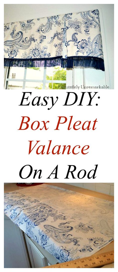 How to make a box pleat curtain on a rod. Easy DIY sew or no sew, that's up to you! Sewing Curtains Valance, Box Valance, Curtain Box, Box Pleat Valance, Diy Valance, Sewing Curtains, Sew Patterns, Farmhouse Side Table, No Sew Curtains