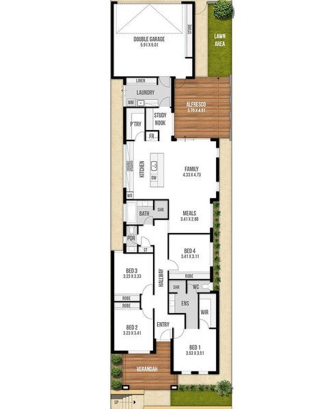 Narrow Lot Floor Plan for 10m Wide Blocks | Boyd Design Perth Narrow Lot Floor Plans, Long Narrow House Plans, Long Narrow House, Narrow House Plans, Narrow House, Study Nook, Family Kitchen, Double Garage, Perth