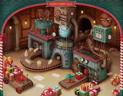 Christmas Toy Factory, Factory Illustration, Christmas Toy Shop, Christmas Booth, Santa's House, Santa Toys, Toy Factory, Factory Design, Holiday Greeting