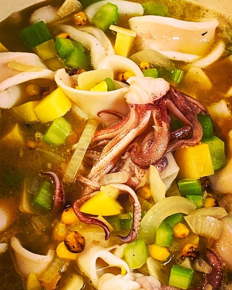 Have You Made Squid Stew aka Calamari Soup? Here's My Recipe! Calamari Soup, Squid Recipes, Tiffin Recipe, Butter Substitute, Cooking Challenge, Pub Food, Malaysian Food, Roasted Corn, Yukon Gold Potatoes