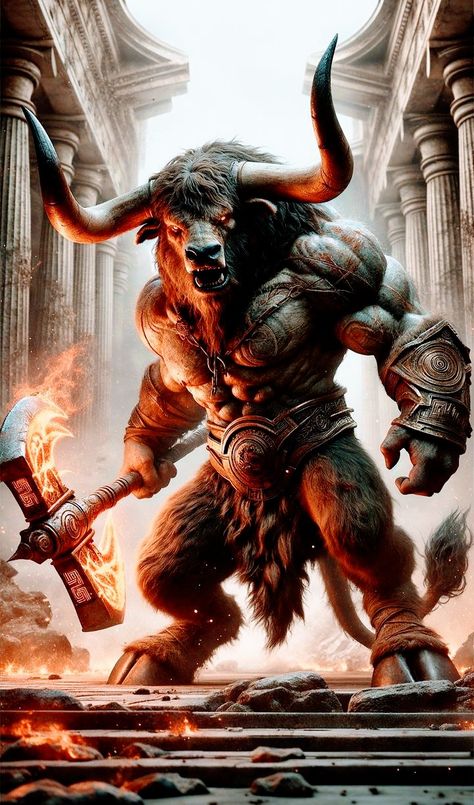 Minotaur Tattoo, Devi Photos, Greek God Tattoo, Taurus Art, Man Beast, Bull Tattoos, Greek Gods And Goddesses, Fantasy Beasts, Big Animals