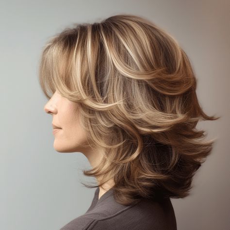 Medium Length A Line Haircut With Layers, Chin Length Hair With Volume, Lots Of Layers Haircut Short, Blowout Layers Medium Length, Med Layered Haircuts Round Faces, Medium To Short Layered Haircuts, Short Layers For Medium Length Hair, Layered Flipped Hairstyles, 40 Year Old Haircut