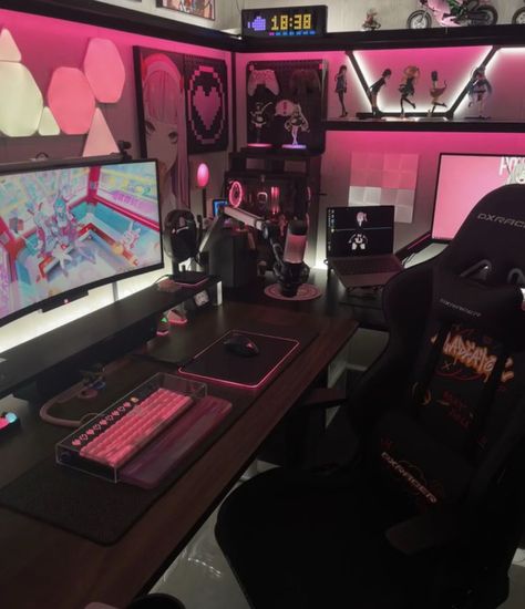 Pink And Black Set Up Gaming, Black And Pink Gamer Setup, Gaming Setup Black And Pink, Gaming Room Setup Black, Black And Pink Setup, Black And Pink Pc Setup, Pink And Black Pc Setup, Black Gaming Setup Aesthetic, Pink And Black Gaming Setup