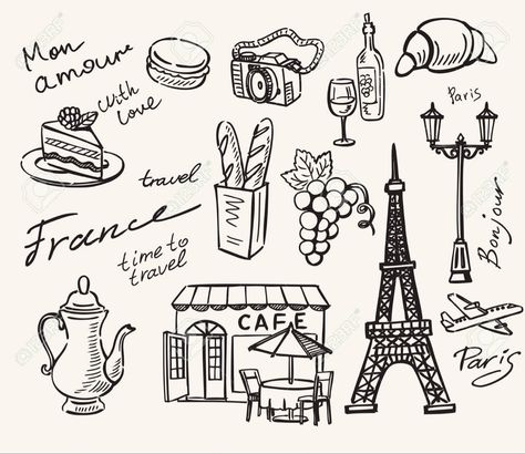 Cute Paris Drawings Easy, Paris Doodles Easy, Paris Doodle Art, French Icons Illustration, Paris Themed Tattoo, Small Paris Tattoo Ideas, France Doodles, Paris Drawing Sketches, Paris Tattoo Ideas