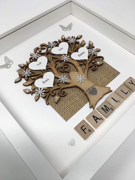 Personalised Scrabble Family Tree 3D Box Picture Frame Scrabble Silver Glitter Up To 14 Names : Amazon.co.uk: Handmade Products Family Tree Box Frame, Family Tree Frame Ideas, Cricut Family Tree Ideas, Family Tree Shadow Box Ideas, 3d Frame Ideas, Family Tree Wall Hanging, Scrabble Letter Crafts, Scrabble Frames, Family Trees Diy