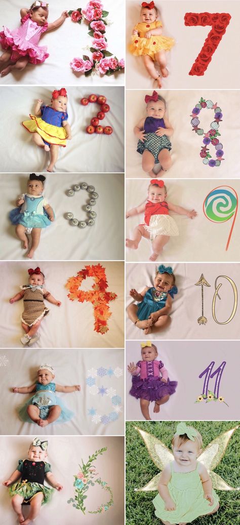 Disney Princess themed monthly milestone photos 1 Month Photo Shoot Ideas, Monthly Photo Ideas, 1st Month Baby Girl Shoot, Baby Girl Monthly Milestone Ideas, Baby Themed Photoshoot Ideas, Monthly Birthday Ideas Baby Girl, 1 Month Picture Ideas, Months Baby Photoshoot Ideas, Disney 6 Month Photos