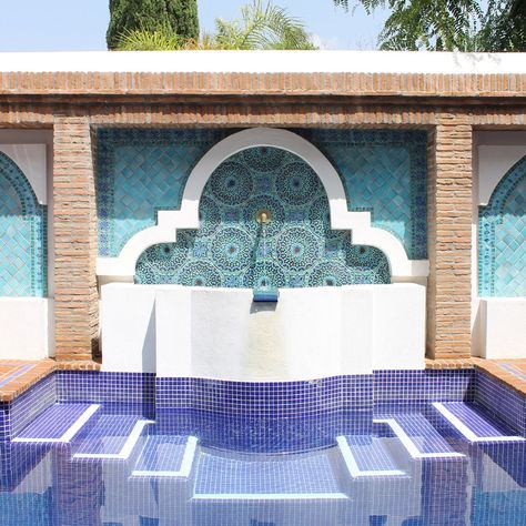 Handmade tile ceramic fountain moroccan turquoise #1 - gvega Moroccan Pool, Tiles For Outdoor, Ceramic Fountain, Water Feature Wall, Tiles Handmade, Pool Tiles, Marbella Spain, Tile Ceramic, Ceramic Mosaic Tile