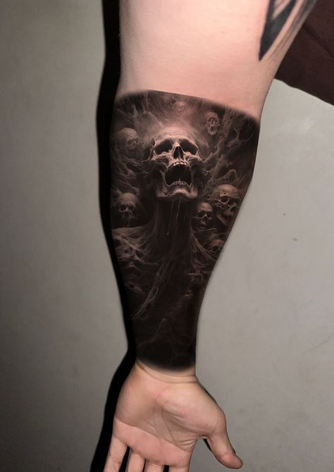 Brutal Tattoo Men, Grim Reaper Tattoo Sleeve Men, Dark Cover Up Tattoos Men, Demonic Tattoos For Men, Demon Sleeve Tattoo, Demon Tattoo For Men, Abyss Tattoo, Dark Side Tattoo, Angel Demon Tattoo