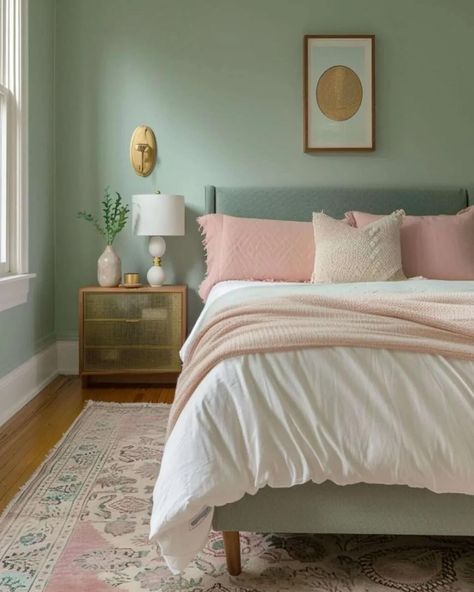 NEW BLOG POST - How to use sage green in your bedroom 💚💚 I talk a lot about the color sage green on my blog and there’s a reason for this. This beautiful shade is a soothing and contemporary hue that is versatile, and tranquil and works well with so many colors. If you are struggling to find the right color palette, a sage green bedroom is the perfect place to start. This soft, muted green hue is not just a trend; it helps promote relaxation and relieve us of our daily stresses. #sagegree... Pale Green And Gold Bedroom, Pastel Green Bedroom Ideas, Sage Bedrooms, Bedroom Statement Wall, Baby Pink Bedroom Ideas, Pastel Green Bedroom, Soft Green Bedroom, Pink Green Bedroom, How To Use Sage