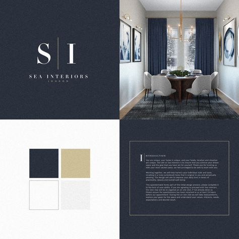 Sea Interiors - Brand Identity & Logo Design.  Sophisticated & Elegant Blue Gold Ivory palette. High End Colour Palette, Ivory Interior Design, Luxury Blue Branding, Luxury Brand Identity Colors, Royal Blue And Gold Color Palette, Luxury Color Palette Branding Blue, Brand Color Palette Luxury, Blue Gold Interior Design, Navy And Gold Branding