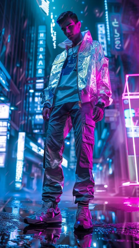 Futuristic photo of a male model in a holographic bomber jacket, cybernetic smart watch, and cargo pants with neon accents. Set against a techno-themed backdrop, showcasing high contrast and vivid colors. --v 6 --ar 9:16 Cyberpunk Outfit Men, Futuristic Outfit Men, Cyberpunk Fashion Male, Futuristic Fashion Male, Fashion Male Model, Fashion Subcultures, Fashion Cyberpunk, Cyberpunk Men, Cyberpunk Male