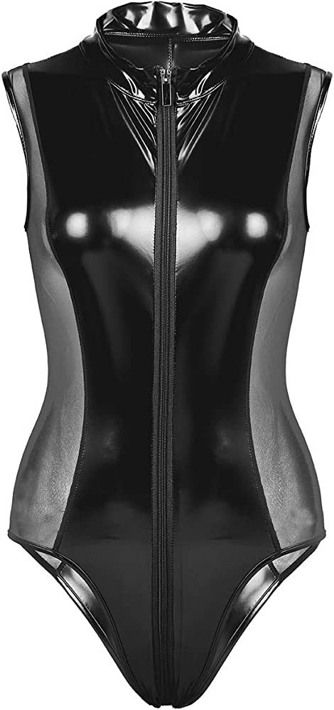 Agoky Women's Metallic Leather Sleeveless Bodysuit Zipper High Cut Thongs Leotard Catsuit Black One_Size : Amazon.co.uk: Fashion Spandex Suit, High Cut Bodysuit, Rock Style Clothing, Body Lingerie, Body Suits, Black Pants Men, Lingerie Party, Leather Lingerie, Sleeveless Bodysuit