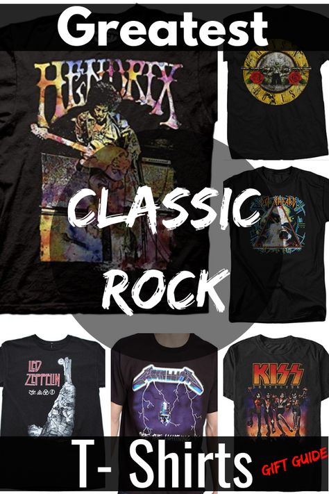 Classic Rock t shirts that make great gift ideas for the rock fan in your life. If you know someone loves a band, then its hard to go wrong on a great rock t shirt. Rock Band Shirt Outfits, Rock Band T Shirts Outfits, Rock Tees Outfit, Band Shirt Outfits, Rock Band T Shirts, Band Shirt Ideas, Rock Tshirts, Classic Rock Tshirts, Vintage Rock T Shirts