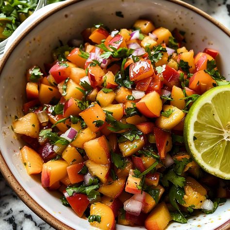 Peach Salsa Recipe, Peach Salsa Recipes, Summer Appetizers, Summer Salsa, Easy Salsa Recipe, Ab Diet, Peach Salsa, Easy Salsa, Summer Appetizer