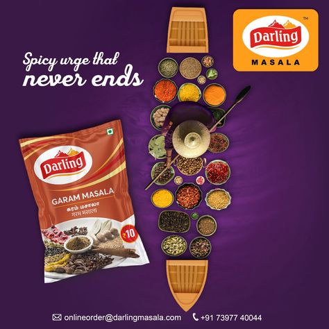 Darling Garam masala adds more flavour to every receipe. Make your food more foodalicious with Darling Garam Masala. Call us:73977 40044 Masala Creative Ads, Spices Creative Ads, Masala Chips, Indian Masala, Digital Creative Agency, Dry Fruit, Food Advertising, Kitchen Ware, Communication Design