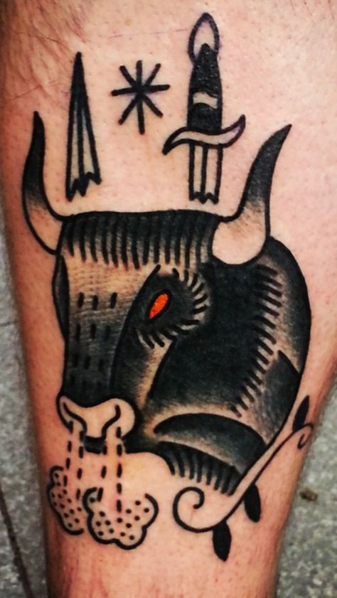 Taurus Traditional Bull Head Tattoo, American Traditional Taurus Tattoo, Wild West Tattoo Traditional, Taurus Tattoo Traditional, New Age American Traditional Tattoo, Traditional Taurus Tattoo, Carabao Tattoo, Traditional Bull Tattoo, Art Traditional Tattoo