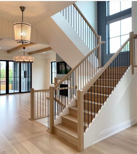 Just keep climbing, friends... we’ve almost made it to Friday! . And I’d take the stairs all day long if they looked like this gorgeous… | Instagram Open Stairway To Basement In Living Room, Lake House Stair Railings, Square Stairs Design, Second Story Hallway Ideas, Exposed Stairs In Living Room, Entryway With Stairs Going Down, Railings For Stairs With Carpet, 3 Level Staircase, Staircases With Landings