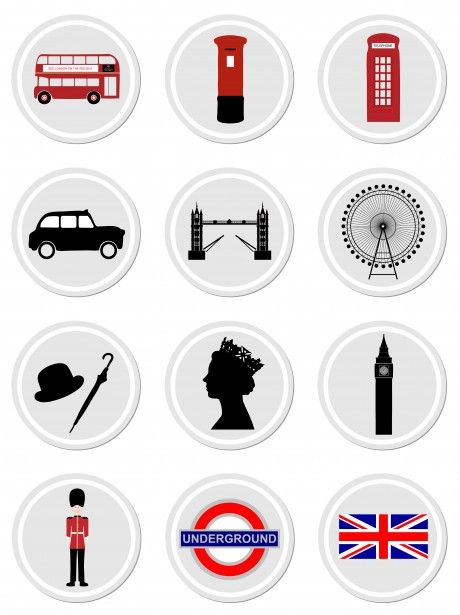 Famous London icons and landmarks on stickers for scrapbooking London Stickers, British Party, London Theme, London Icons, London Party, London Logo, London Tattoo, Queen Birthday, London Skyline