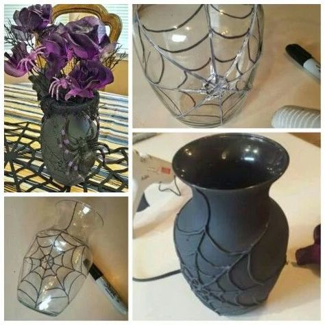 Diy Halloween Spider, Halloween Vase, Diy Vases, Dollar Store Halloween Decorations, Halloween Decor Diy, Homemade Halloween Decorations, Dollar Store Halloween, Adornos Halloween, Halloween Crafts Decorations