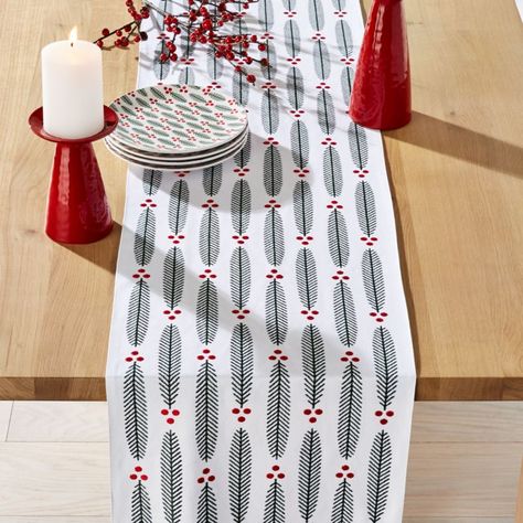 Shop Modern Holiday Sprig Embroidered Table Runner. Green evergreen sprigs and red berries row up in neat lines to give this holiday table runner a charming Scandinavian look. Christmas Place Settings, Ideas Closet, Fun Wine Glasses, Modern Table Runners, Christmas Table Linen, Holiday Tablecloths, Dining Table Runners, Holiday Table Runner, Embroidered Table Runner