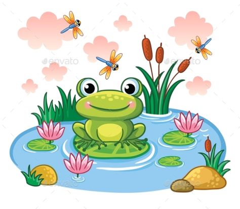 The frog sits on a leaf in the pond. Vector illustration in childrens style. Lake with insects and animals. Pond Drawing, Frosch Illustration, Frog Illustration, Frog Sitting, Frog Drawing, Frog Art, 자수 디자인, Baby Colors, Stencil Crafts