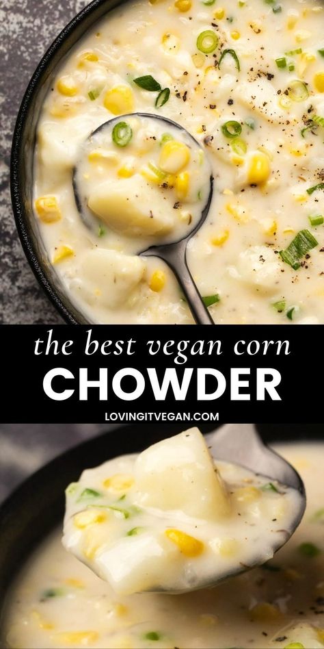 This vegan corn chowder is creamy and hearty and made with potatoes for a rich and comforting soup. A perfect appetizer or main course. Vegan Corn Chowder, Vegan Potato Soup, Vegan Crockpot, Plant Based Recipe, Corn Chowder Recipe, Chowder Recipe, Comforting Soup, Recipe Cookbook, Recipes From Scratch