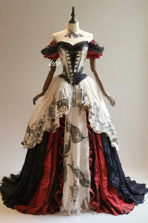 Black And White Ballgown, Evil Queen Aesthetic Outfit, Victorian Era Dresses Gowns, Wonderland Core Outfits, Royalty Outfits Dresses, Types Of Dresses Chart, Venetian Outfit, Mythical Dresses, Vampire Wedding Dress