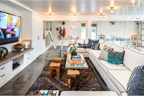 rope "screen by Hoedemaker Pfeiffer updated a Whidbey Island beach cottage Garage To Playroom, Garage Turned Into Family Room, Hoedemaker Pfeiffer, Family Playroom, Queen Bunk Beds, Living Room Playroom, Garage Renovation, Basement Inspiration, Teak Side Table