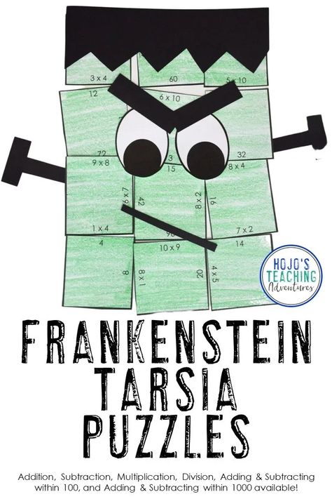 Easy Frankenstein Craft for Kids - This monster tarsia puzzle is great for autum fall or harvest festivals for Halloween in October. Add an academic twist with these hands-on math puzzles! Choose from addition, subtraction, division, multiplication, adding and subtracting within 100, or addition and subtraction within 1000. A great craftivity for 1st, 2nd, 3rd, or 4th grade students! (first, second, third, fourth graders, Year 1, 2, 3, 4) Multiplication Hands On Activities, Halloween Third Grade Activities, Multiplication Halloween Craft, Halloween Stem Activities 5th Grade, Easy Halloween Craft 2nd Grade, Hands On Halloween Activities For Kids, October Elementary Activities, Third Grade Crafts Activities, Division Crafts 3rd Grade