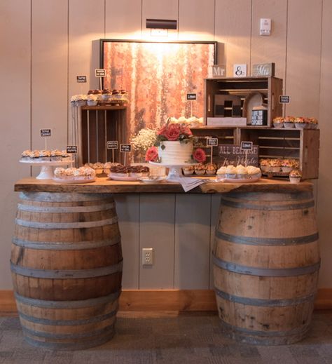 Bourbon Barrel Wedding Decor, Misty Wedding, Diy Wedding Desserts, Whiskey Barrel Wedding, Whiskey Wedding, Western Ideas, Speakeasy Party, Rustic Wedding Gowns, Barrel Bar