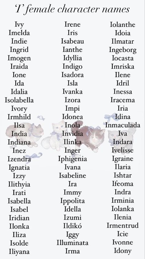 Girl names beginning in the letter ‘I’. Character Names Ideas With Meaning, Name For Characters Female, Royalty Names Daughters, British Female Names, Medieval Fantasy Names, British Last Names For Characters, Main Character Names Female, Mythical Female Names, Dnd Names Female