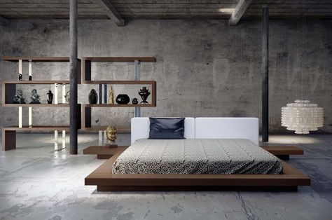 low mod loft king contemporary - Trendir Japanese Platform Bed, Raised Platform Bed, Japanese Bedroom Design, Bedroom Designs For Couples, Japanese Style Bed, Industrial Bedroom Design, Leather Platform Bed, Japanese Bedroom, Minimalist Bed