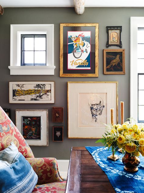 Gallery walls don’t require a grand space to make a stylish impact. Seek out quirky nooks and crannies in your home that would make an excellent host for a salon wall. #gallerywall #gallerywallideas #gallerywalllayout #blankwallideas #bhg Gallery Wall Themes, Designer Paint Colors, Brighten Room, Grey Walls Living Room, Unique Gallery Wall, Perfect Gallery Wall, Light Grey Walls, Wall Paint Colors, Living Room Grey