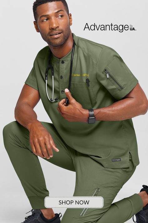 Take full advantage of our exclusive scrub selection with the Advantage STRETCH For Men's scrubs! Upgrade your medical wardrobe with premium stretch men's scrubs, such as a comfortable scrub tops and functional cargo scrub pants to match. Shop Advantage only at UniformAdvantage.com! Men In Scrubs, Medical Scrubs Outfit Men, Scrubs Men Uniform, Scrub Suit Design, Doctor's Scrub Suit, Male Scrubs, Medical Scrubs Men, Men Scrubs, Housekeeping Uniform