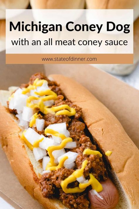 Coney dogs are steamed hot dogs smothered with all-beef chili, and topped with minced onions and mustard. The chili is a little bit sweet and a little bit spicy. Invented in Michigan, these coney dogs are a real American treat! Greek Chili Dog Sauce, Michigan Coney Dog Sauce, Detroit Chili Sauce, Detroit Style Coney Dogs, Spicy Hot Dog Sauce, Best Coney Dog Sauce, Coney Chili Recipe, Coney Dog Chili Recipe, Coney Dogs Recipe