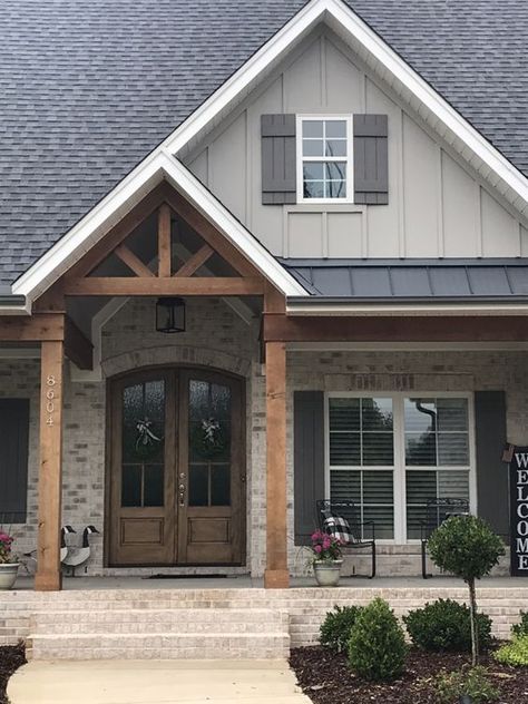 Grey House With Cedar Accents, Home Exterior Cedar Accents, Brick And Siding Exterior Combinations Farmhouse, Grey House Grey Trim, Houses With Wood Accents Exterior, Exterior Beams On House, Exterior House Colors With Cedar Accents, Exterior House Colors With Rock, Modern Farmhouse With Brick