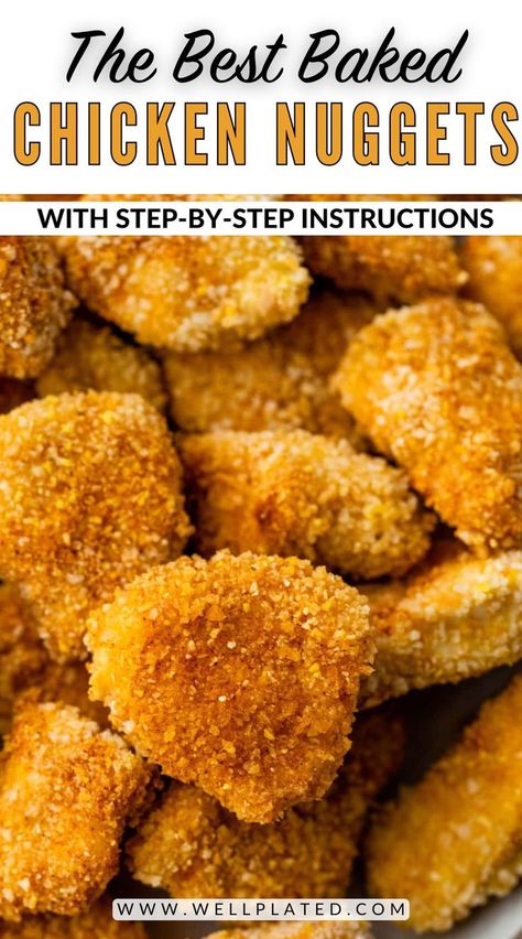 These homemade chicken nuggets are so easy to make and MUCH better than frozen! Baked in the oven with the perfect crispy coating. Yum! Homemade Chicken Nuggets Baked, Oven Baked Fried Chicken, The Best Baked Chicken, Best Baked Chicken, Baked Fried Chicken, Fried Chicken Nuggets, Chicken Nuggets Recipe, Easy Oven Baked Chicken, Eat More Chicken