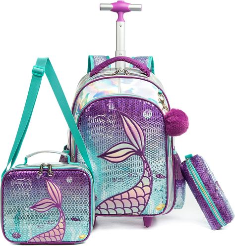 Mermaid Rolling Backpack for Gilrs Backpacks with Wheels for Elementary School Bag Trolley Trips Luggage with Lunch Box for Preschool Students Middle School Backpack, Lunch Box Backpack, Kids Rolling Backpack, Mermaid Backpack, Girl School Supplies, Sequin Backpack, Backpack Set, Rolling Backpack, Backpack With Wheels