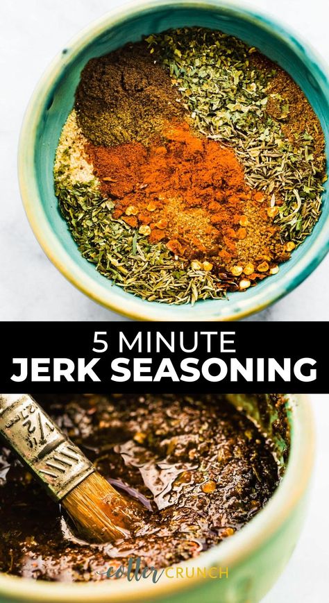 Learn how to make a homemade jerk seasoning recipe with simple ingredients to add sweet and spicy flavor to all your meals! It only takes five minutes to make this easy homemade seasoning mix. Use this Jamaican seasoning blend on salmon (any fish), chicken, pork, or shrimp. Salt free option and also makes a unique Christmas gift in a cute jar! Jerk Seasoning Recipe, Diy Seasonings, Spice Rubs, Jamaican Jerk Seasoning, Dry Rub Recipes, Dry Rubs, Dry Mixes, Seasoning Blends, Meat Rubs