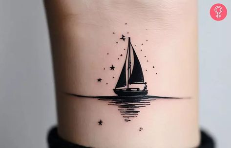 8 Creative Sailboat Tattoos For The Subtle Adventurer Sailboat Memorial Tattoo, Small Sailboat Tattoo Simple, Cape Cod Tattoo Ideas, Sailing Tattoos For Women, Catamaran Tattoo, Boat Tattoo For Women, Small Boat Tattoo, Small Ship Tattoo, Sailboat Tattoo Simple