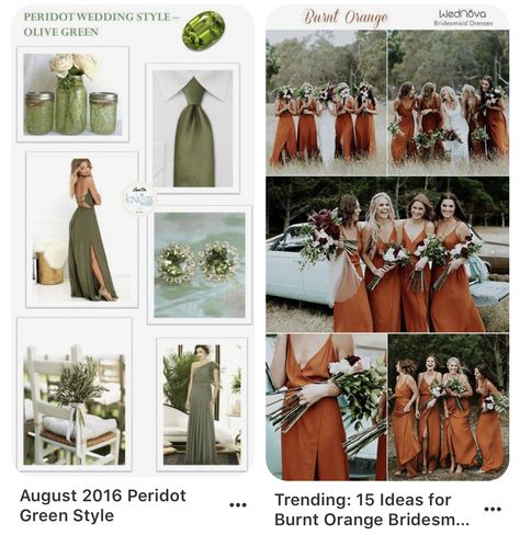 Green And Burnt Orange Wedding, Green Wedding Guest Dresses, September Wedding Colors, Green And Burnt Orange, Olive Green Outfit, Olive Green Bridesmaid Dresses, Burnt Orange Bridesmaid Dresses, Burnt Orange Wedding, Olive Green Weddings