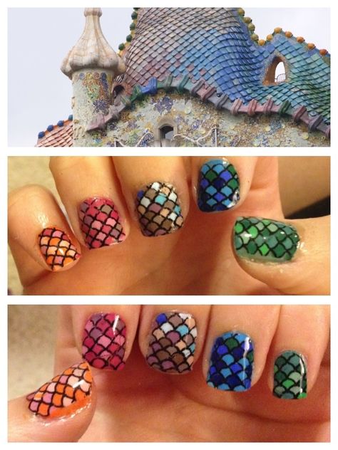 Nail decals inspired by Gaudí's Casa Batlló in Barcelona. Barcelona Inspired Nails, Casa Batlló, Inspired Nails, Nail Decals, Nail Ideas, Barcelona, Nails