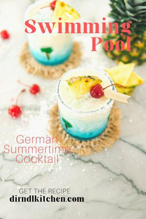 Said to be invented circa 1970 by Munich-based mixologist Karl Georg Schumann, the Swimming Pool cocktail is a German classic, mixing flavors of pineapple, coconut, rum, and vodka with a dreamy turquoise blue color. It’s super delicious and not too sweet! Swimming Pool Cocktail, Coconut Sweetened Condensed Milk, Tropical Swimming Pool, Swimming Pools Drank, Yum Drinks, Pool Cocktails, October Food, Summertime Cocktail, Cocktail Serving