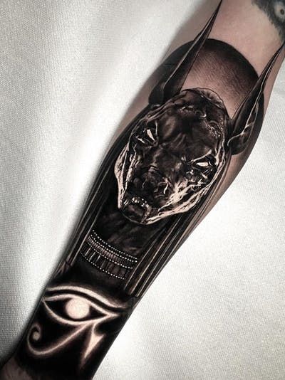 Egypt Tattoo Design, Tiger Hand Tattoo, Egyptian Eye Tattoos, Tatoo 3d, Egyptian Tattoo Sleeve, Anubis Tattoo, Egypt Tattoo, Scary Tattoos, Forearm Sleeve Tattoos