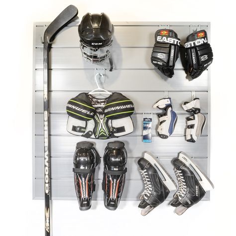 Hockey Storage Ideas, Hockey Storage Garage, Hockey Storage, Hockey Equipment Organization, Garage Hockey Stick Storage, Hockey Equipment Storage Garage, Hockey Gear Storage, Hockey Drying Rack, Hockey Equipment Storage