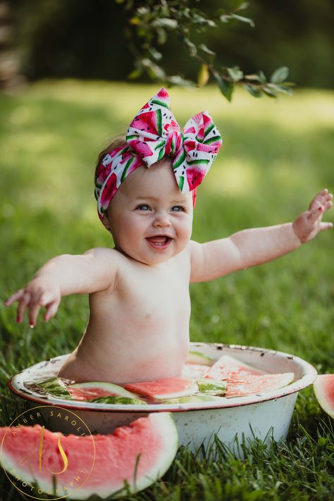 Summer Baby Pictures, Bath Headband, Baby Milk Bath, 6 Month Baby Picture Ideas, Rochester Michigan, Watermelon Birthday Parties, Watermelon Baby, Monthly Baby Pictures, 1st Birthday Pictures