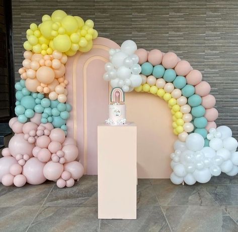 Birthday Candy Table, Unicorn Party Food, Rainbow Balloon Arch, Rainbow Themed Birthday Party, Rainbow First Birthday, Pastel Birthday, Rainbow Theme Party, Butterfly Birthday Party, 1st Birthday Party Decorations